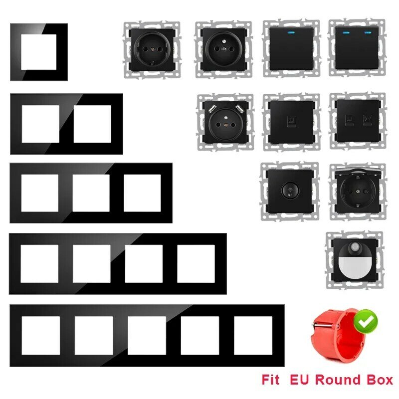 NYWP 벽걸이 모듈 DIY 유럽 표준 블랙 강화 크리스탈 유리 패널 소켓 스위치, 단추 기능 무료 조합