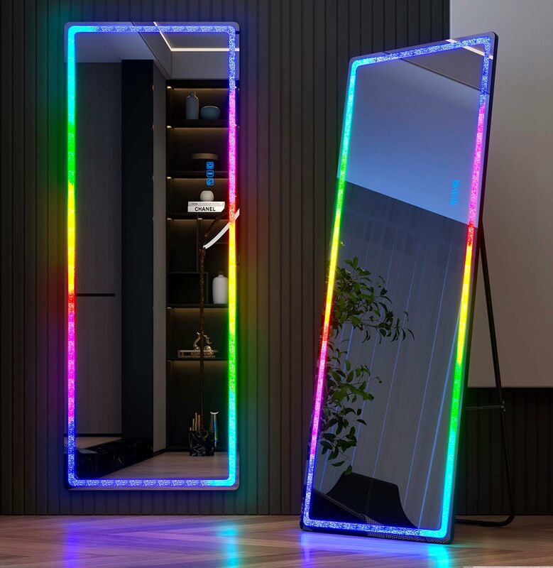 Espejo LED de cuerpo completo con luces RGB, marco de diamante triturado, 63x20, de pie para suelo/pared, colores ajustables y brillo HD