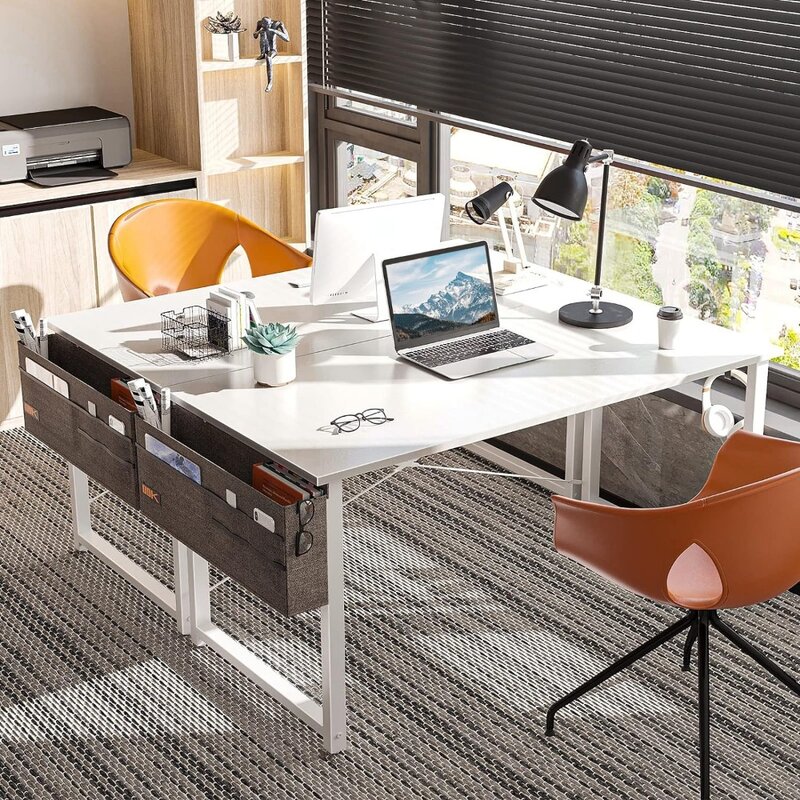 Компьютерный письменный стол 55 дюймов, прочный домашний офисный стол, Рабочий стол с сумкой для хранения и искусственной кожей, белый + белый