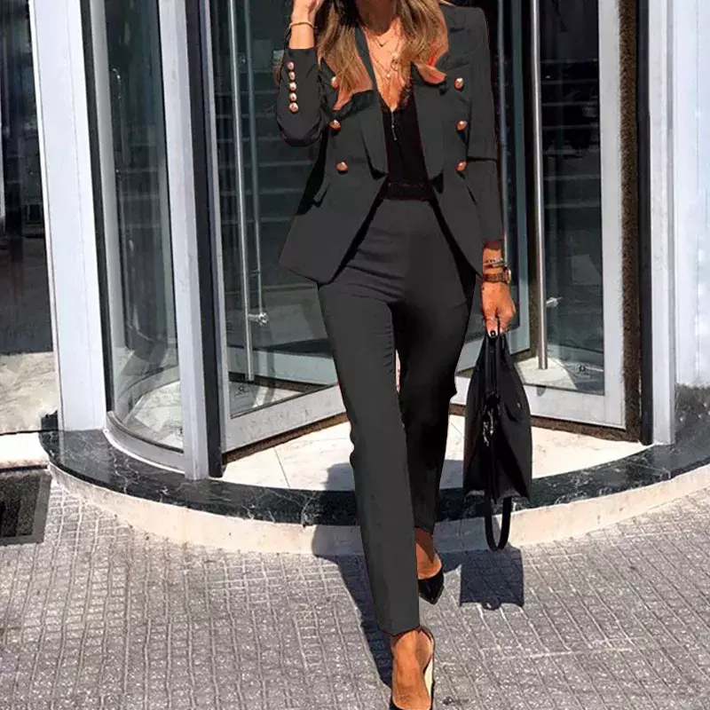 2022 Autumn and Winter New V-neck Women Small Suit Jacket Long-sleeved Suit Lantern Sleeve Casual High-waist Trousers Wide-leg