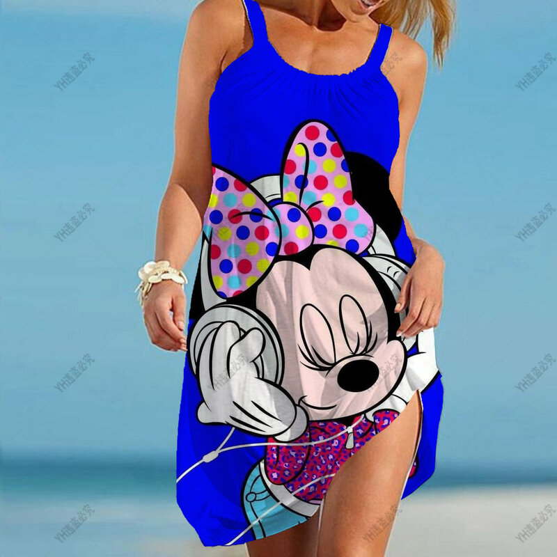 Sleeveless Casual Boho Tank Dress Cover Ups Sexy Disney Mickey Mouse Print Dress Sundresses For Women Beach T Shirt Dresses