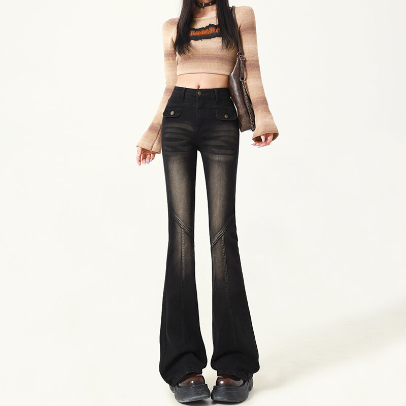 Czarny i szary retro mikro jeansy rozkloszowane damskie modele wiosenne i jesienne z wysokim stanem cienkie spodnie podkowy małe spodnie drag