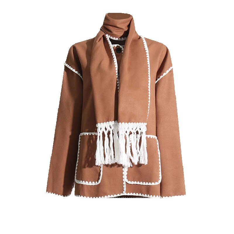 Jaket wol longgar untuk wanita, desain kasual leher bulat modis longgar dan serbaguna musim gugur/musim dingin 2024
