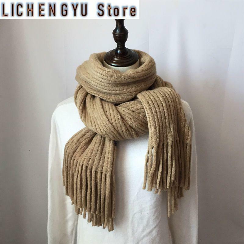 New Scarf Women Winter Student Korean Knitted Couple Thickened Warm Wool Female Solid Color Tassel Scarf 200x40cm