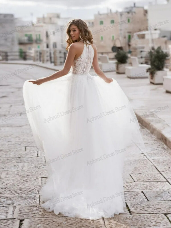 Gaun pernikahan klasik gaun pengantin A-Line Tulle berjenjang gaun pengantin renda applique Halter Neck jubah tanpa lengan untuk pesta Vestidos De Novia