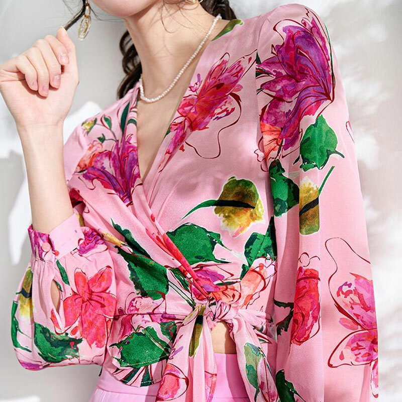 Vintage Spring Summer Floral Shirt Women's Clothing Stylish Slim Bandage Elegant V-Neck Folds Folk Printed Long Sleeve Blouse