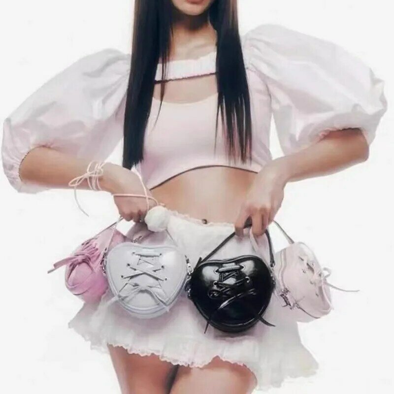 Xiuya Blue Womens Handbag Small Leather Sweet Casual Cute Bow Heart Shoulder Bag Y2k Fashion Exquisite Elegant New Crossbody Bag
