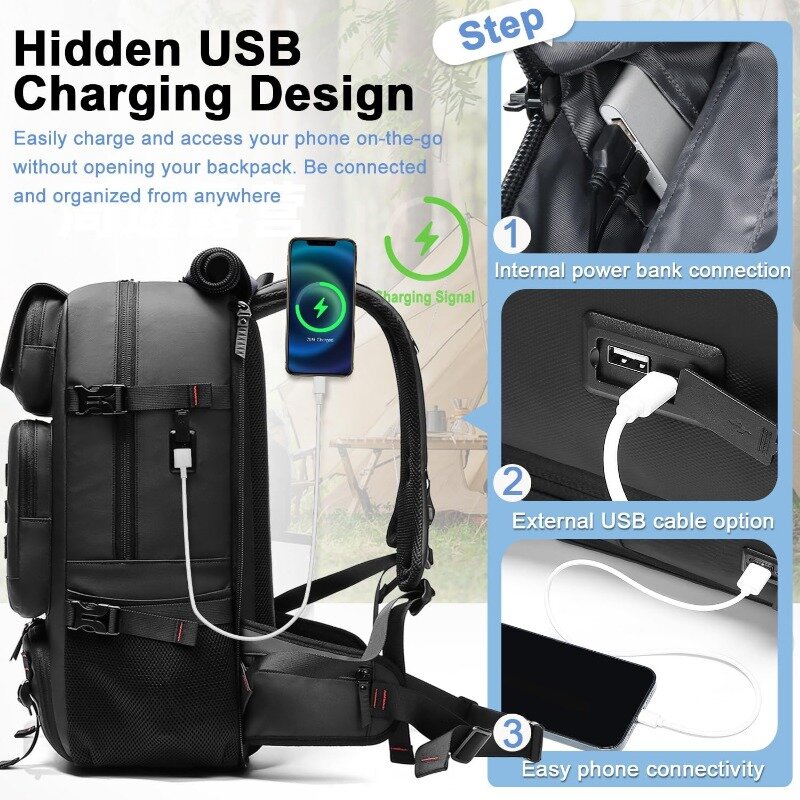 Mochila para portátil de 17 pulgadas con compartimento para zapatos y puerto de carga USB, mochila para senderismo y Camping aprobada por la aerolínea, 50L