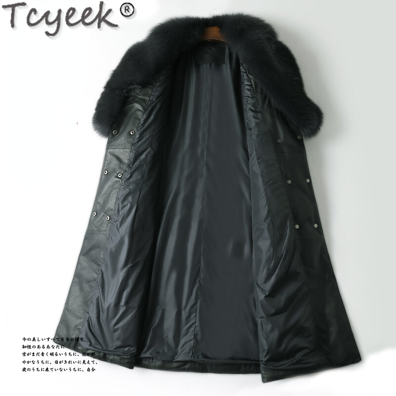Tcyek 여성용 탑 레이어 양가죽 다운 재킷, 2023 벨트, 중간 길이 다운 코트, 겨울 여성 의류, 여우 모피 칼라