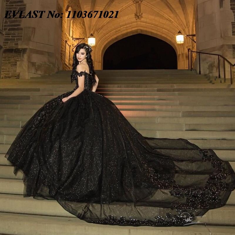 EVLAST Glitter Black Quinceanera Dress Ball Gown Shiny Lace Applique Beading Mexico Corset Sweet 16 Vestidos De XV 15 Anos SQ34