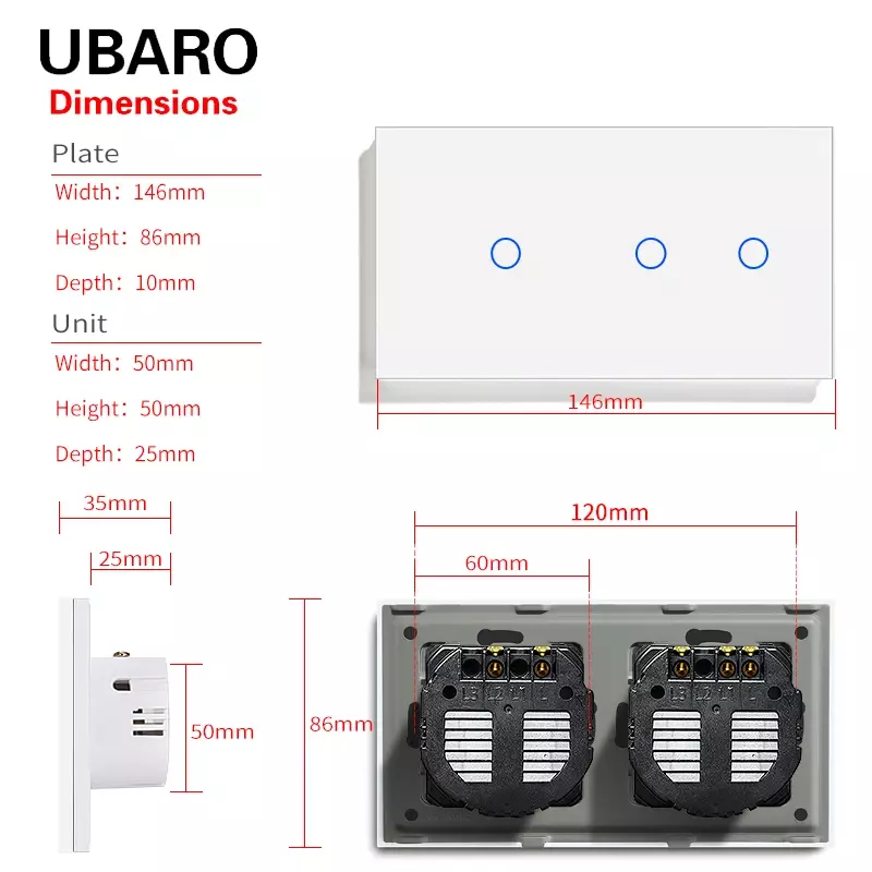 UBARO EU Standard 3-krotny ścienny dotykowy włącznik światła z 146mm panel ze szkła hartowanego czujnik elektryczny 100-240V dla domu