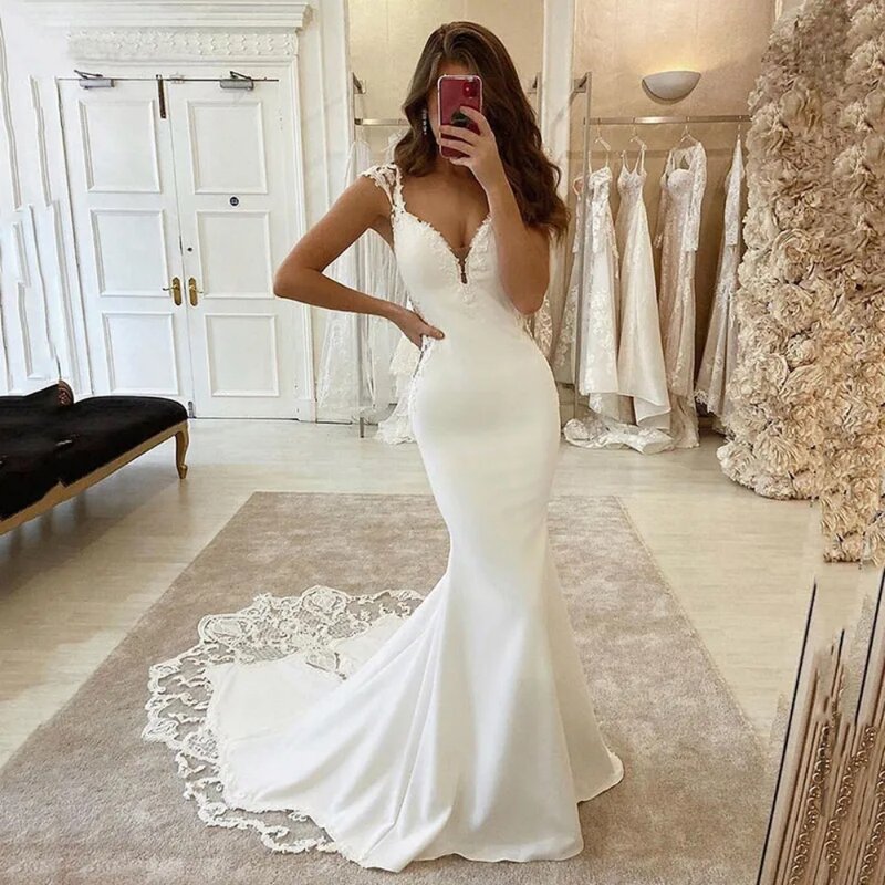 Vestido de novia de sirena Blanco clásico para mujer, cuello en V profundo, satén, apliques de encaje, Vestido de novia personalizado, talla grande