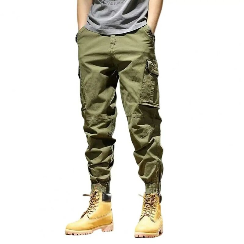 Pantalones Cargo con múltiples bolsillos para hombre, ropa de calle suelta sólida con cordón y cintura elástica, pantalones atados al tobillo para trotar, primavera y otoño