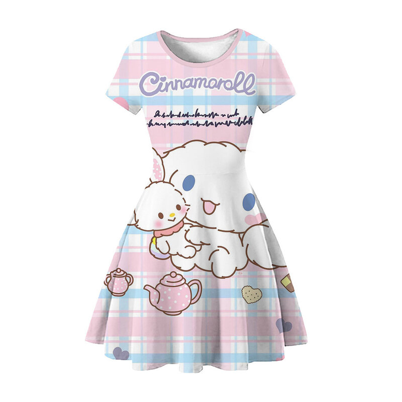 MINISO vestido de Hello Kitty para niña, ropa de princesa de manga corta con estampado 3d de Kuromi, Verano