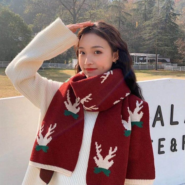 Bufanda de lana de punto de alce para mujer, bufanda roja cálida de invierno, bufanda japonesa versátil coreana, 2024