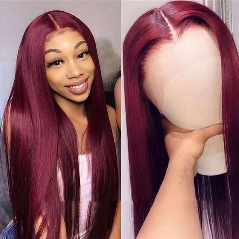 13x6 99j Burgundy Lace Front Wig 30 Inch Bone Straight Hd Lace Frontal Wig 200 Density Glueless Pre Plucked Lace Human Hair Wig