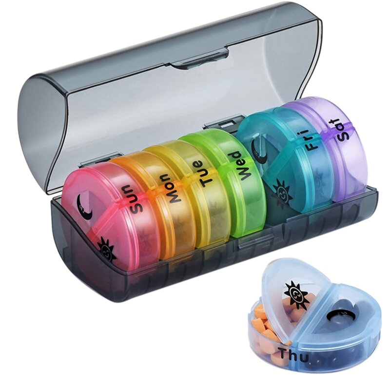 Daily Pill Organizer (Twice-A-Day) - Weekly AM/PM Pill Box, Round Medicine Organizer, 7 Day Pill Container