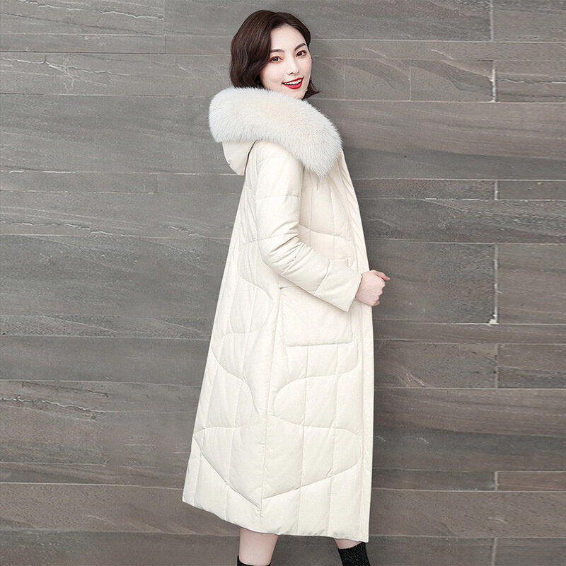 2023 Genuine Sheepskin Leather Jacket Women's Down Jackets Winter Fox Fur Collar Coat Long Down Parkas Chaqueta Cuero Mujer