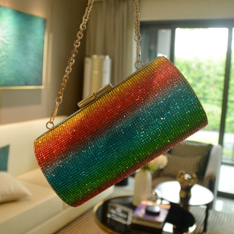 Bolsa de strass arco-íris para mulheres, bolsa de noite luxuosa bolsa de festa embreagem de casamento cilindro de diamante bolsa de ombro