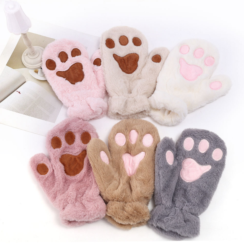 Women Cute Cat Claw Paw Gloves Plush Mittens Warm Soft Plush Short Fingerless Fluffy Bear Cat Gloves Costume Half Finger Party