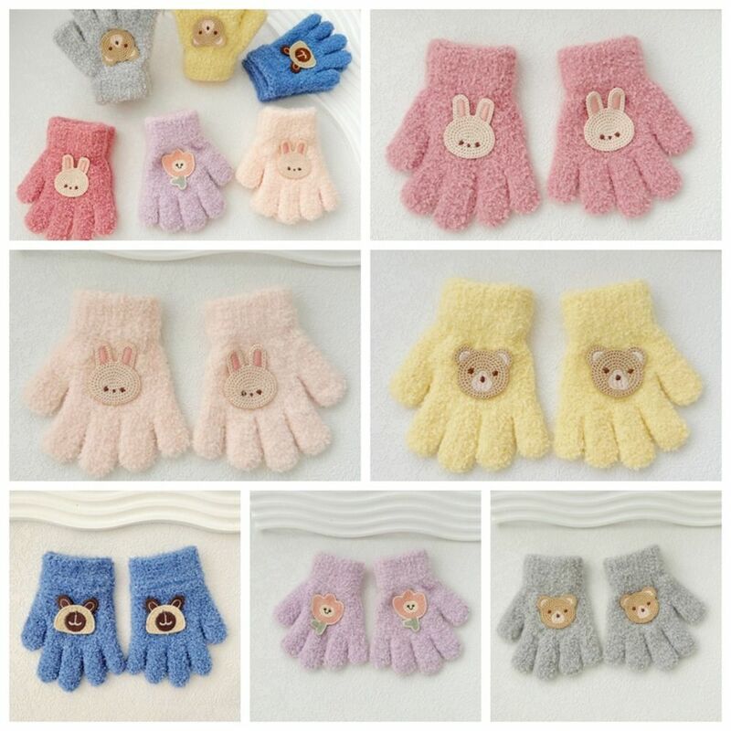 Rabbit Baby Fluffy Gloves Winter Flower Bear Knitted Mittens Solid Color Full Finger Cartoon Pattern Gloves Boy