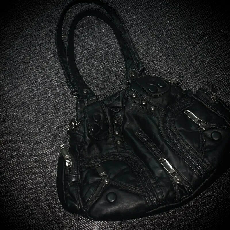 MBTI Black Y2k tas bahu wanita antik Punk Goth desainer mode tas Tote kulit Pu kapasitas besar tas tangan motor Rivet
