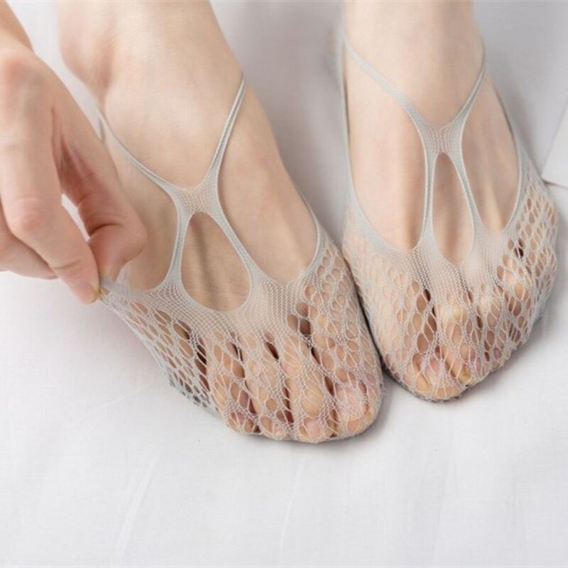 Sepatu jala wanita, kaus kaki tidak licin potongan rendah tidak terlihat berenda pendek tumit tinggi bernapas musim panas