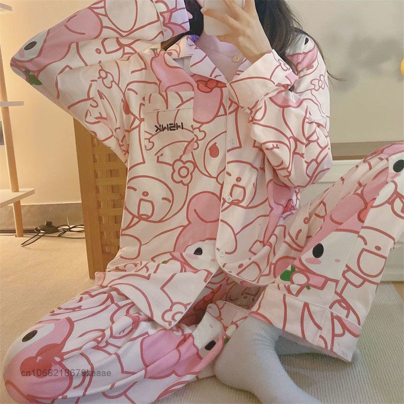 Sanrio Melody Baju Rumah Merah Muda Atasan Lengan Panjang Musim Semi Celana Kaki Lebar Wanita 2 Potong Piyama Set Y2k Baju Tidur Wanita Lucu