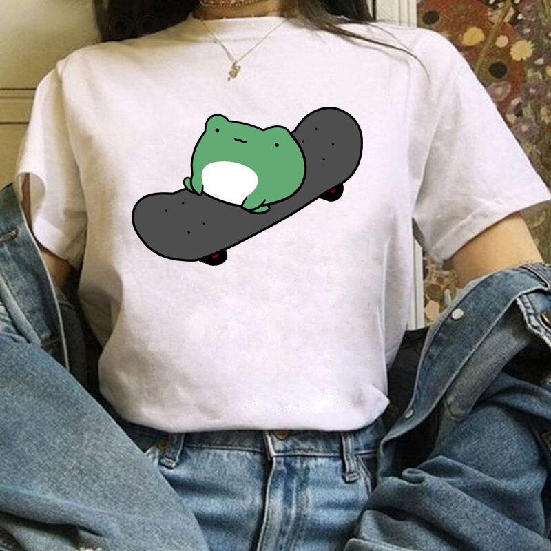 T-shirt manches courtes femme, estival et respirant, avec impression de petite grenouille, skateboard, tendance