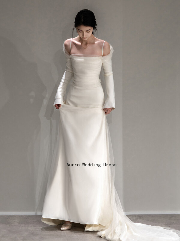 Simple Korea Style Stain Wedding Dress 2024 Sheath Square Collar Vestido De Novia  Party Dresses  Zipper 2024 Bridal Gowns
