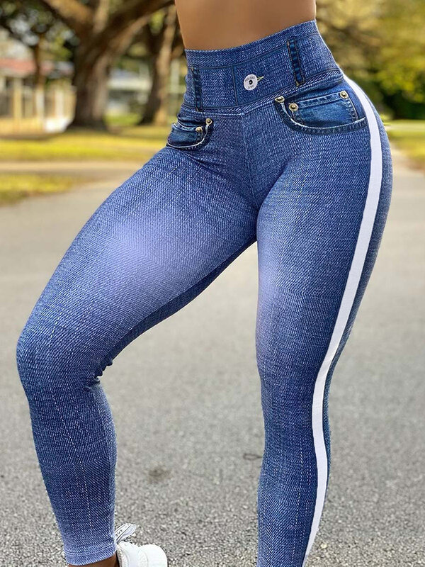 Spodnie Push Up damskie, treningowe legginsy do biegania niebieskie imitacja dżinsów modne legginsy z wysokim stanem elastyczne smukłe spodnie ołówkowe