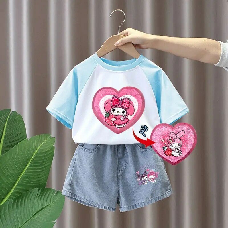 2024 My Melody Sequin Color Change Short Sleeve Sanrio Kawaii Anime Clothes Love Heart Summer Sweet Cute Girls Casual Tops Gifts