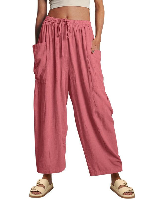 2023 Summer Fashion New Pleated High Waist Wide Leg Pure Color Loose Casual Cotton Linen Trousers