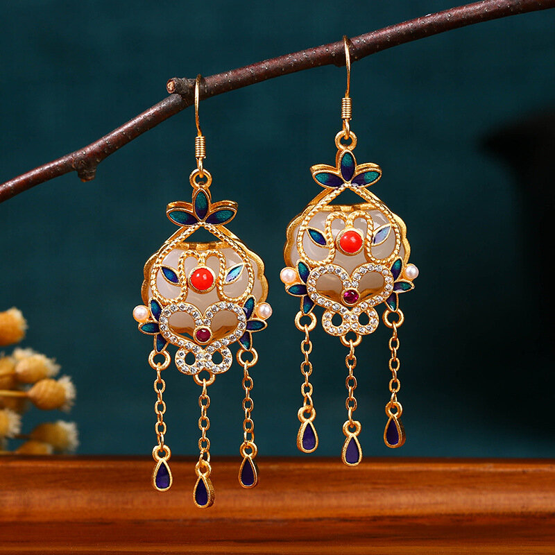 Original Design Flower Blooming Rich Imitation South Red Jade Tassel Earrings High Sense Ancient Style Cheongsam Earrings