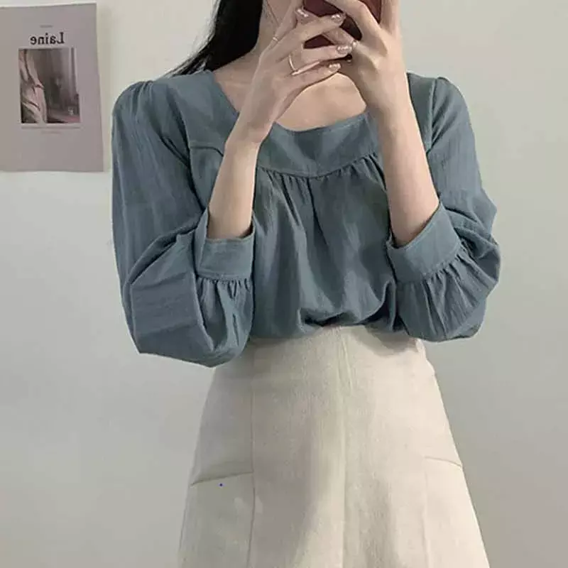 Pakaian Wanita Baru Blus Warna Solid Kerah Persegi Gaya Korea Manis Kemeja Sambungan Lengan Puff Panjang Wanita Blus 11667
