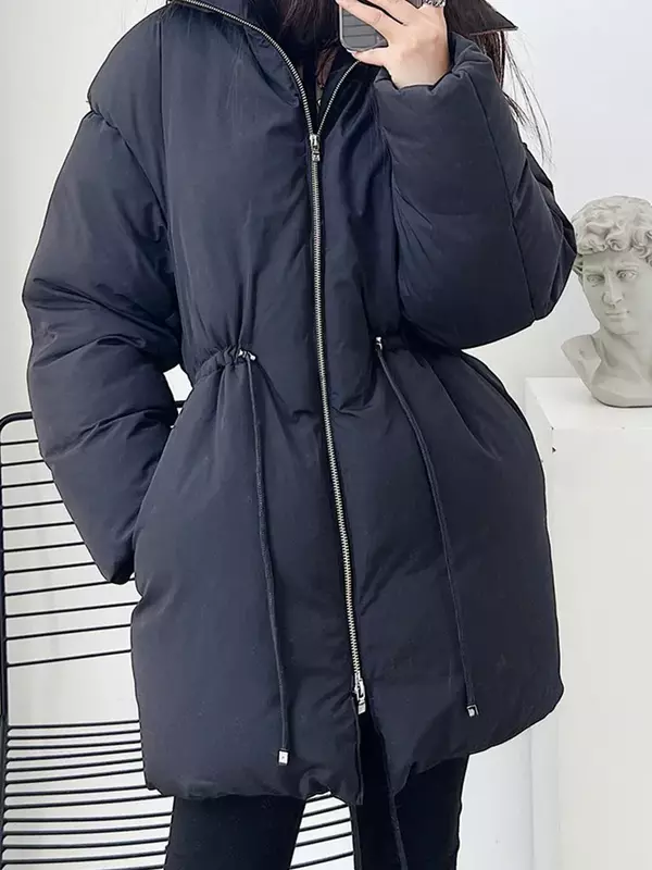 여성용 따뜻한 코트 스탠드 칼라 지퍼 드로스트링, 주머니가 있는 캐주얼 다운 재킷, 겨울 신상
