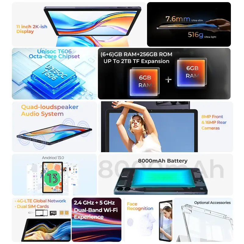 HOTWAV Pad 11 tableta con teclado, 11 pulgadas, 2K, 8000mAh, 12(6 + 6)GB, 256GB, Widevine L1, Android 13, Luz Azul baja, cuatro altavoces