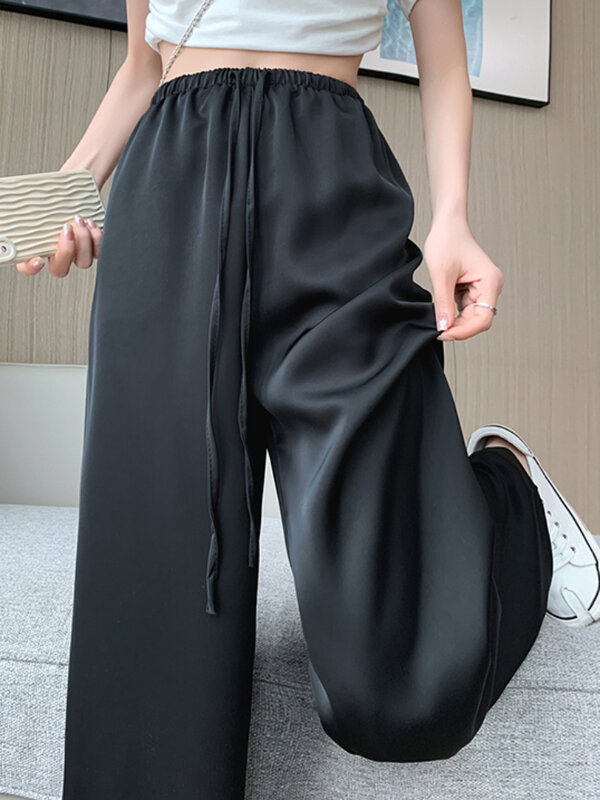 Women's Wide Leg Pants Summer Ice Silk Straight Trousers High Waist Ladies Casual Loose Satin Soft Full-length Pants for Women