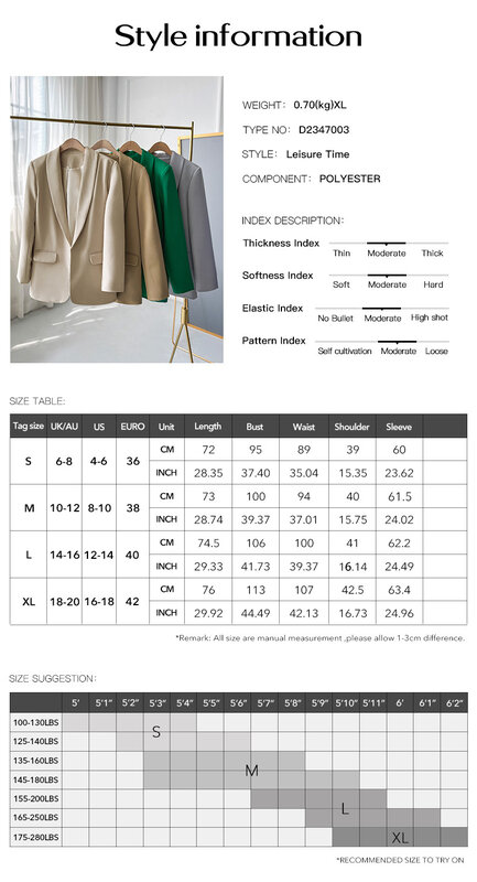 YEAE Commuter Casual Suit Jacket Suit Solid Color Long-sleeved Suit Collar Elegant Temperament Fashion Top 2024 Spring In New