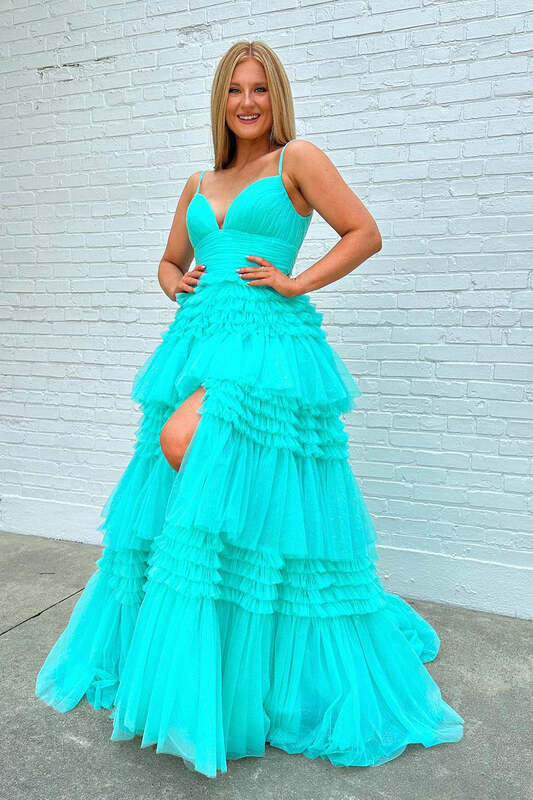 Women's V Neck Spaghetti Prom Dresses Long Pleated Layered Tulle Evening Party Dress Backless High Slit Pageant Ball Gowns