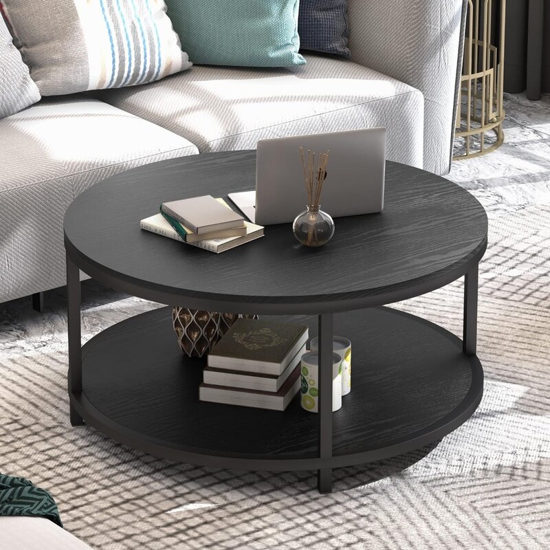 35.8 인치 원형 커피 테이블, 보관 랙 및 견고한 금속 다리, 현대 스타일, 커피 테이블