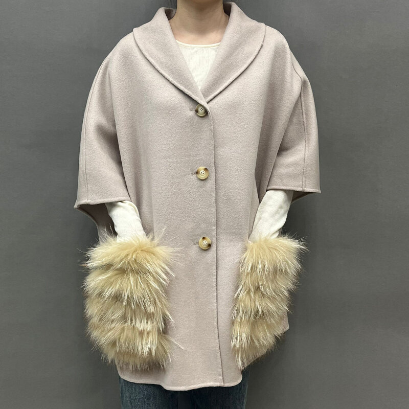 Spring Autumn Real Cashmere Jacket With Fur Pocket Wool Waistcoat Women Fashion Shortsleeve Fur Pocket Streetwear