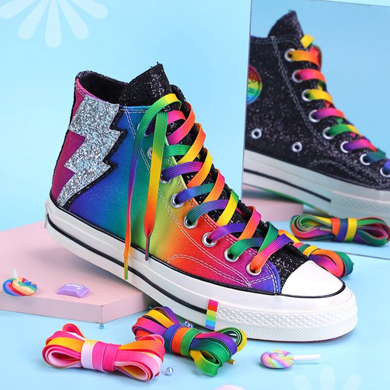 Cadarços planos unissex do arco-íris, sapatos de lona casuais, cadarço colorido, impressão gradiente, universal, homens e mulheres, 1 par