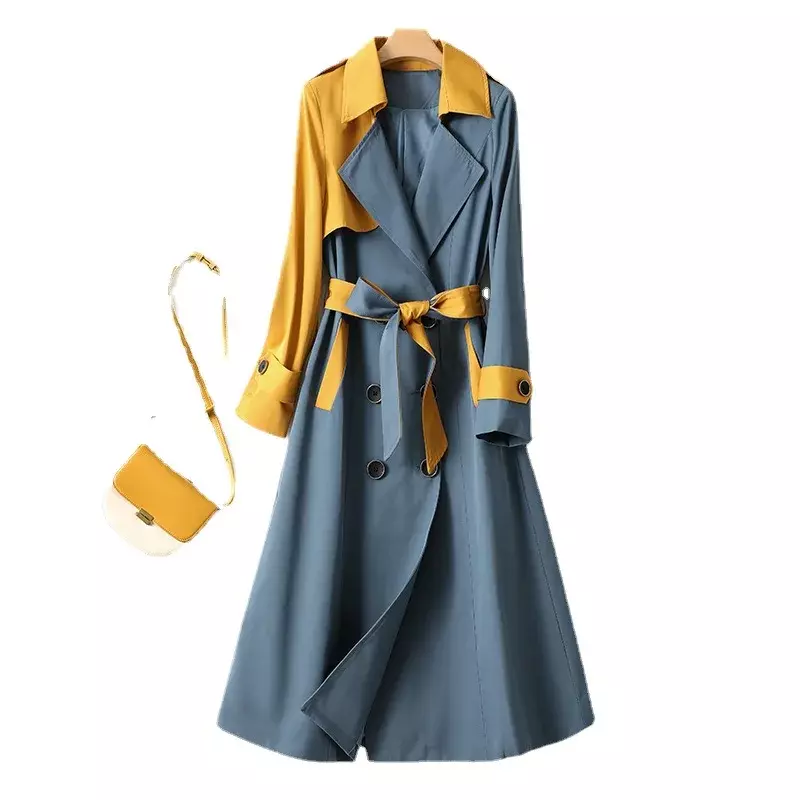 Veste patchwork à double boutonnage pour femme avec ceinture, manteau long, trench block, caban, col rabattu
