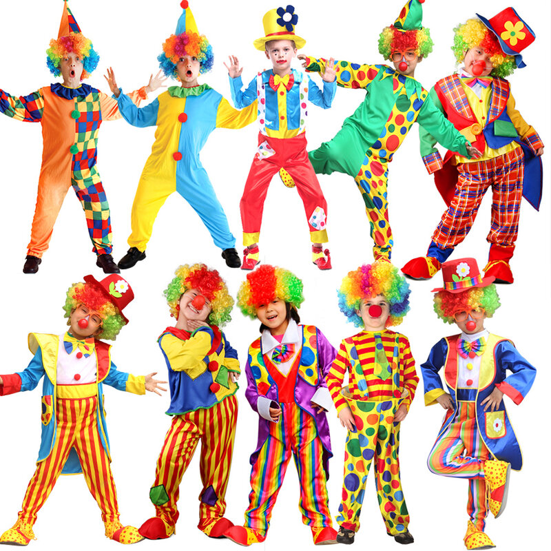 Karnawałowy kostium klaun cyrkowy dla dzieci z peruką buty Boy Girls Fantasia Cosplay przebranie na przyjęcie urodzinowy