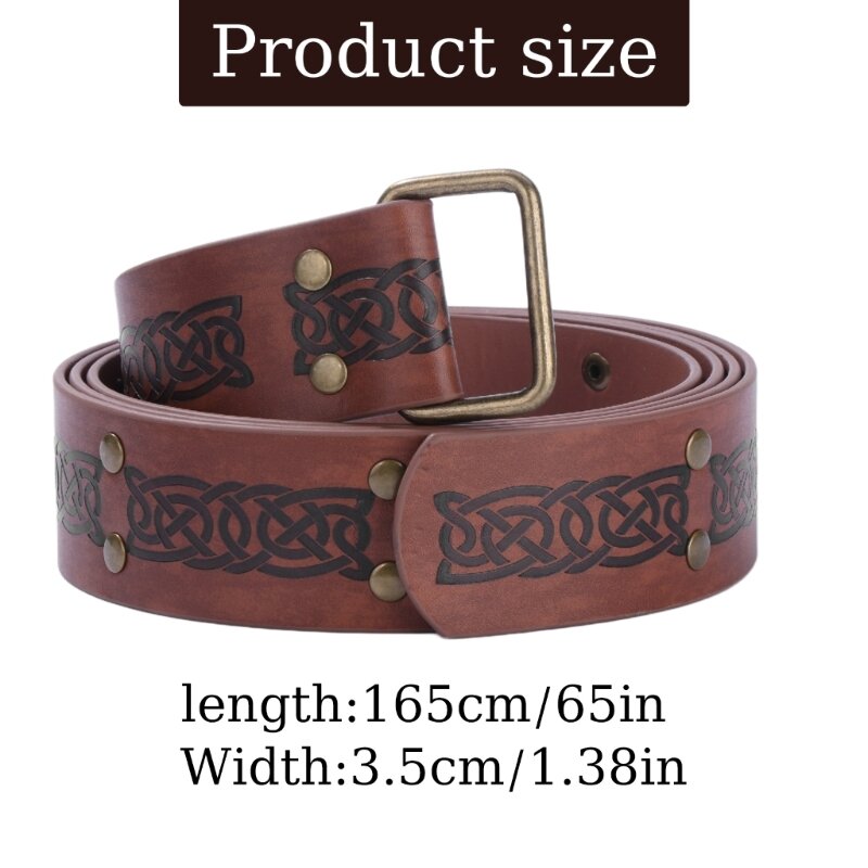 B36F Knight Belt Vintage Embossed Buckles Belt Renaissances PU Leather Rings Belt