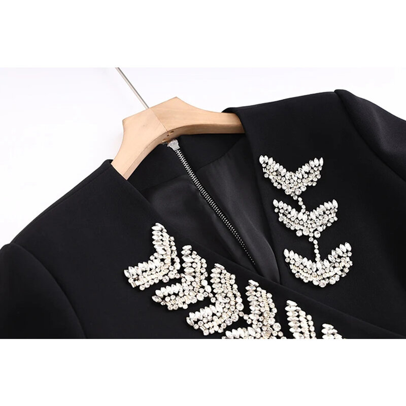 Crystals Black Women Suits Blazer 1 Pieces Jacket Female Spring Office Lady Business Work Wear Fashion Girl Coat Prom Dress