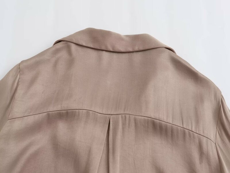 Vrouwen Nieuwe Mode Satijn Textuur Cropped Revers Slanke Blouses Vintage Lange Mouw Knoop-Up Dames Shirts Chique Tops