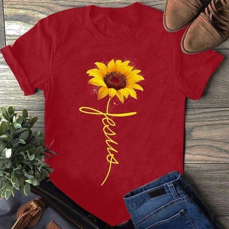 Sunflower Jesus Letter Print T Shirt Women Short Sleeve O Neck Loose Tshirt Summer Women Tee Shirt Tops Camisetas Mujer