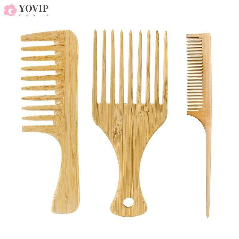 1Pcs Natural Bamboo Wooden Hair Comb Anti-Static Afro Fork Combs For Women Round Wide Tooth Wood Comb